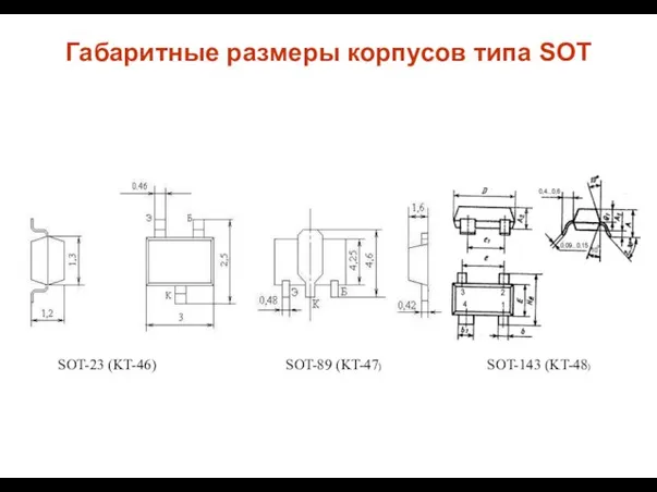 Габаритные размеры корпусов типа SOT SOT-23 (KT-46) SOT-89 (KT-47) SOT-143 (KT-48)