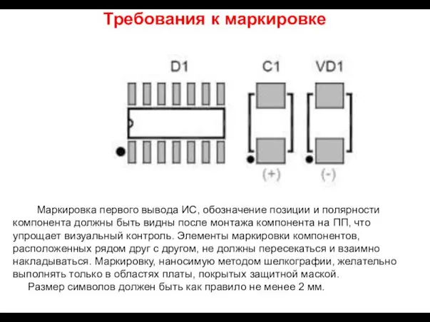 Требования к маркировке Маркировка первого вывода ИС, обозначение позиции и полярности компонента