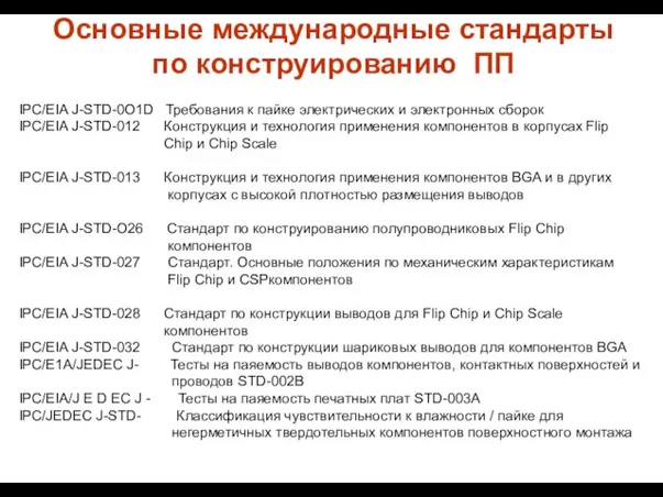 Основные международные стандарты по конструированию ПП IPC/EIA J-STD-0O1D Требования к пайке электрических