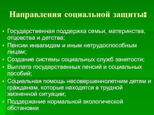 Направления социальной защиты: Государственная поддержка семьи, материнства, отцовства и детства; Пенсии инвалидам