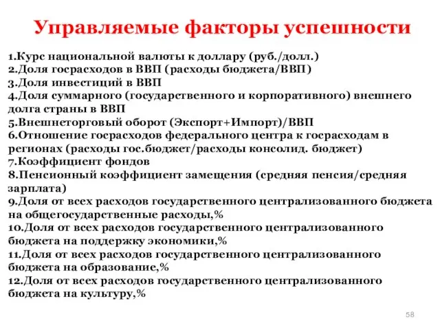 Управляемые факторы успешности 1.Курс национальной валюты к доллару (руб./долл.) 2.Доля госрасходов в