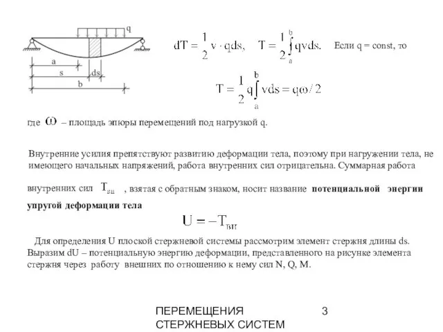 ПЕРЕМЕЩЕНИЯ СТЕРЖНЕВЫХ СИСТЕМ Внутренние усилия препятствуют развитию деформации тела, поэтому при нагружении