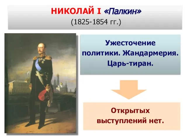 НИКОЛАЙ I «Палкин» (1825-1854 гг.) Открытых выступлений нет. Ужесточение политики. Жандармерия. Царь-тиран.