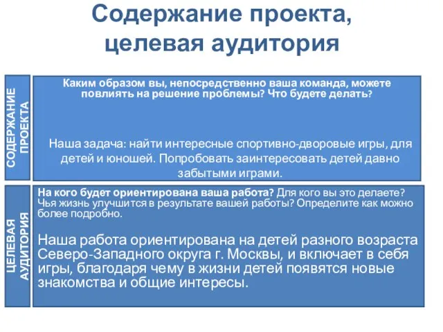 Содержание проекта, целевая аудитория Наша задача: найти интересные спортивно-дворовые игры, для детей