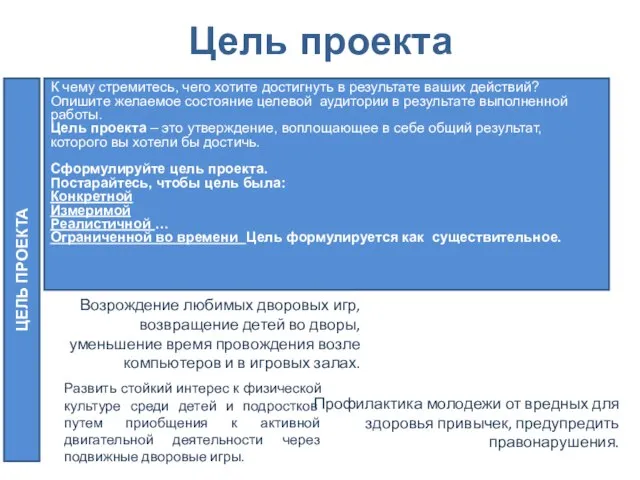 Цель проекта Возрождение любимых дворовых игр, возвращение детей во дворы, уменьшение время