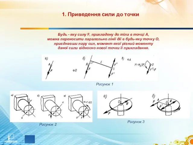 1. Приведення сили до точки Будь - яку силу F, прикладену до