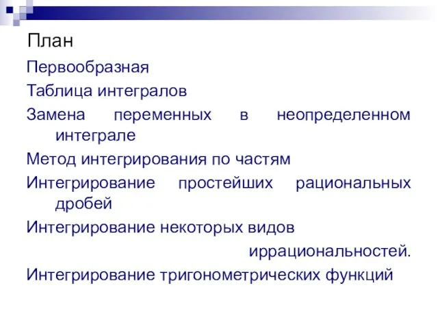 План Первообразная Таблица интегралов Замена переменных в неопределенном интеграле Метод интегрирования по