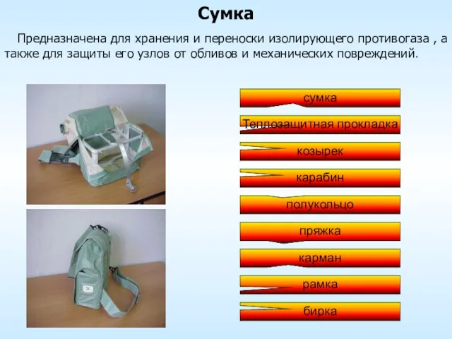 Сумка Предназначена для хранения и переноски изолирующего противогаза , а также для