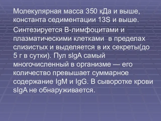 Молекулярная масса 350 кДа и выше, константа седиментации 13S и выше. Синтезируется