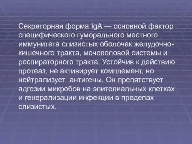 Секреторная форма IgA — основной фактор специфического гуморального местного иммунитета слизистых оболочек