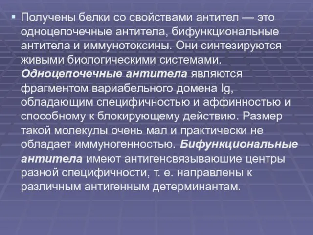 Получены белки со свойствами антител — это одноцепочечные антитела, бифункциональные антитела и