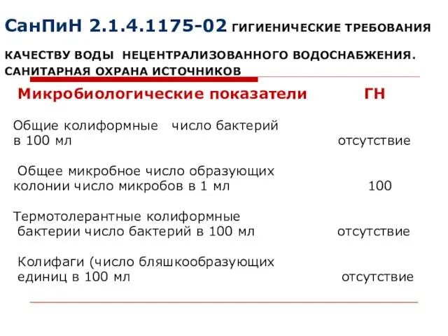 СанПиН 2.1.4.1175-02 ГИГИЕНИЧЕСКИЕ ТРЕБОВАНИЯ КАЧЕСТВУ ВОДЫ НЕЦЕНТРАЛИЗОВАННОГО ВОДОСНАБЖЕНИЯ. САНИТАРНАЯ ОХРАНА ИСТОЧНИКОВ Микробиологические