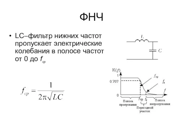 ФНЧ LC–фильтр нижних частот пропускает электрические колебания в полосе частот от 0 до fср