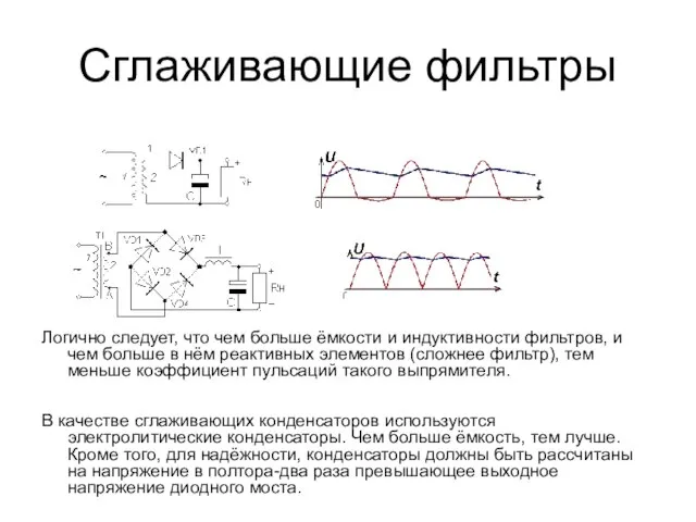 Сглаживающие фильтры Логично следует, что чем больше ёмкости и индуктивности фильтров, и