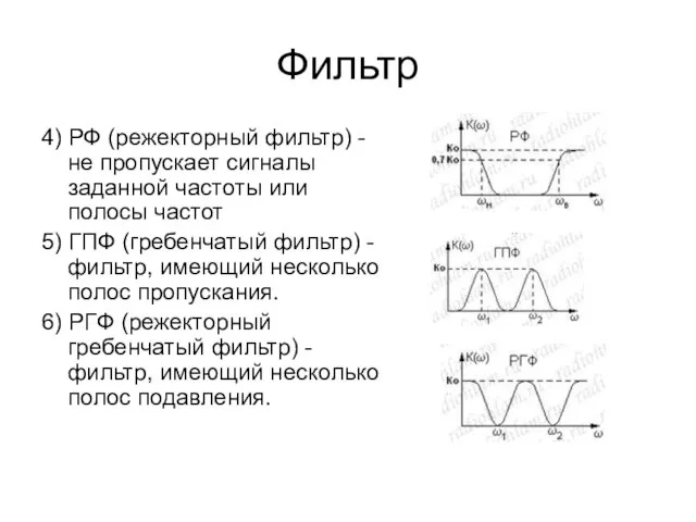 Фильтр 4) РФ (режекторный фильтр) - не пропускает сигналы заданной частоты или