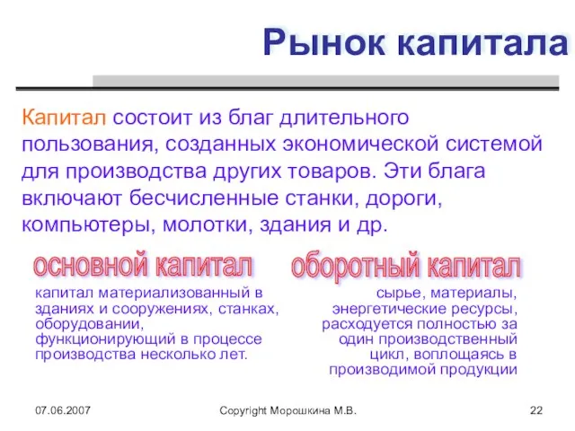 07.06.2007 Copyright Морошкина М.В. Рынок капитала Капитал состоит из благ длительного пользования,