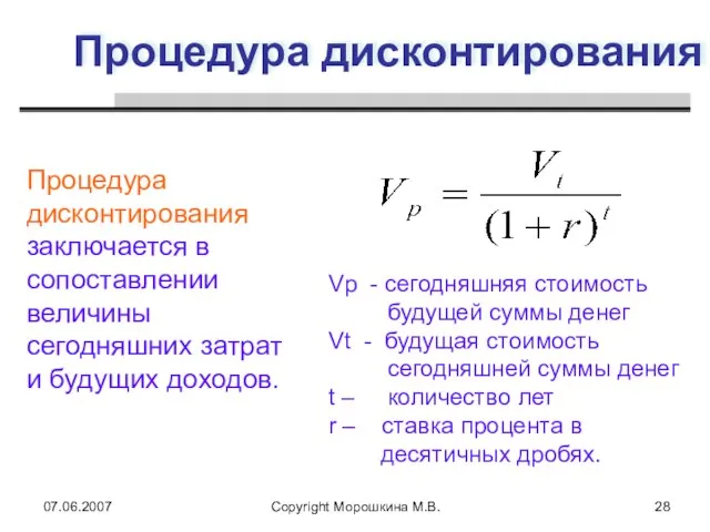 07.06.2007 Copyright Морошкина М.В. Процедура дисконтирования Процедура дисконтирования заключается в сопоставлении величины