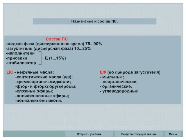 Разделы текущей лекции Назначение и состав ПС. Состав ПС -жидкая фаза (дисперсионная