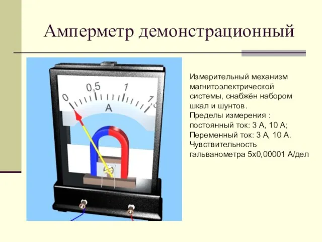 Амперметр демонстрационный Измерительный механизм магнитоэлектрической системы, снабжён набором шкал и шунтов. Пределы