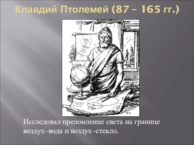 Клавдий Птолемей (87 – 165 гг.) Исследовал преломление света на границе воздух–вода и воздух–стекло.