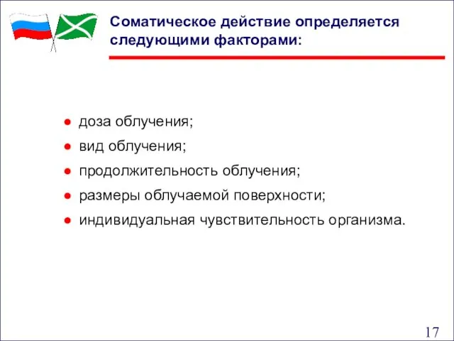 доза облучения; вид облучения; продолжительность облучения; размеры облучаемой поверхности; индивидуальная чувствительность организма.