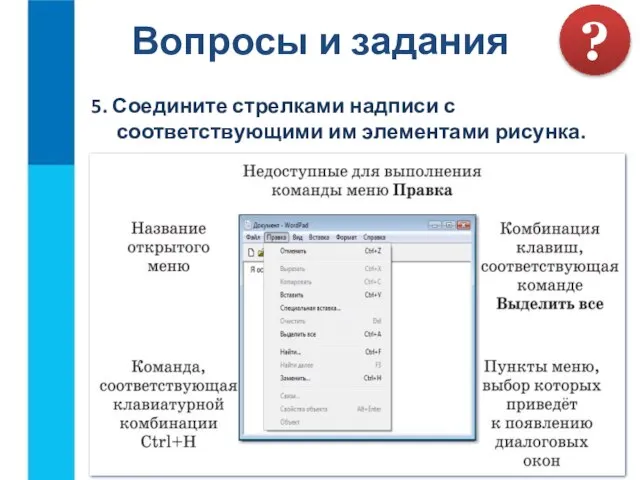 Вопросы и задания ? 5. Соедините стрелками надписи с соответствующими им элементами рисунка.