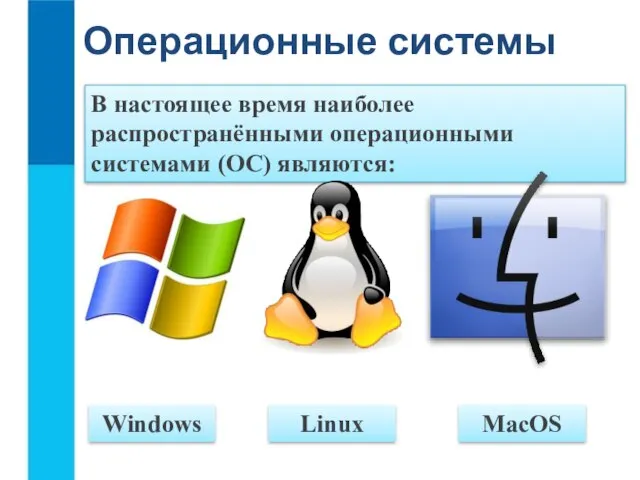 Операционные системы MacOS Linux Windows В настоящее время наиболее распространёнными операционными системами (ОС) являются: