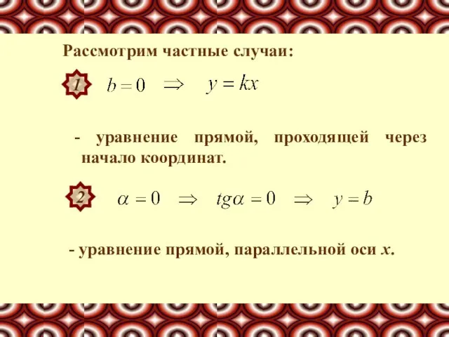 Рассмотрим частные случаи: - уравнение прямой, проходящей через начало координат. 1 2