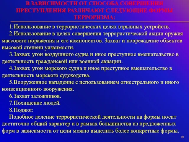 В ЗАВИСИМОСТИ ОТ СПОСОБА СОВЕРШЕНИЯ ПРЕСТУПЛЕНИЯ РАЗЛИЧАЮТ СЛЕДУЮЩИЕ ФОРМЫ ТЕРРОРИЗМА: 1.Использование в