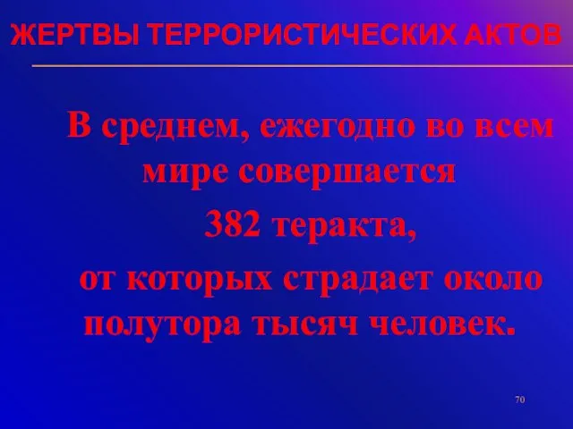 ЖЕРТВЫ ТЕРРОРИСТИЧЕСКИХ АКТОВ В среднем, ежегодно во всем мире совершается 382 теракта,