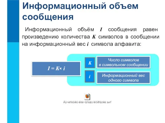 Информационный объем сообщения Информационный объём I сообщения равен произведению количества K символов