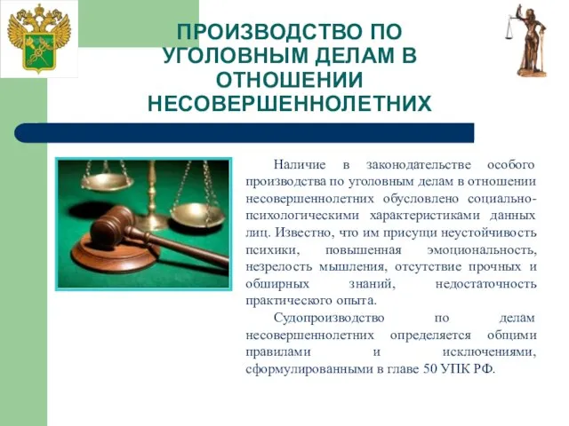 ПРОИЗВОДСТВО ПО УГОЛОВНЫМ ДЕЛАМ В ОТНОШЕНИИ НЕСОВЕРШЕННОЛЕТНИХ Наличие в законодательстве особого производства