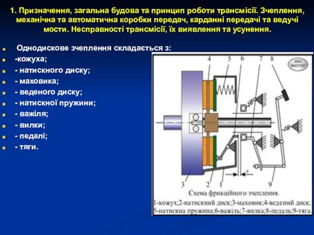 1. Призначення, загальна будова та принцип роботи трансмісії. Зчеплення, механічна та автоматична