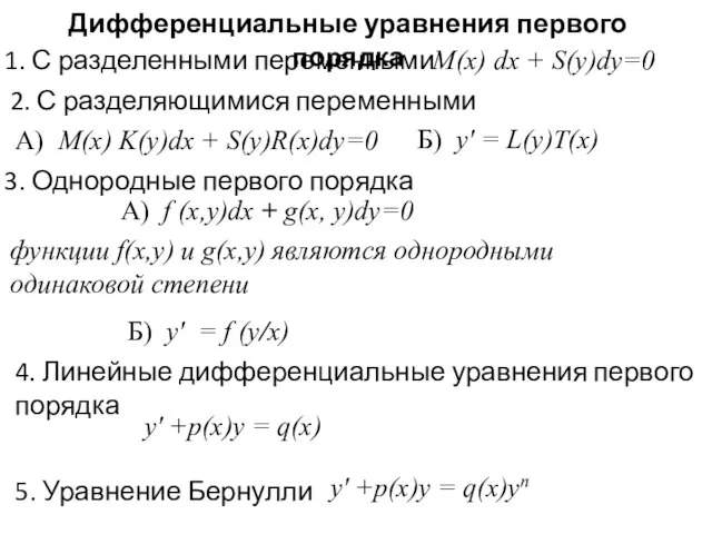 Дифференциальные уравнения первого порядка 1. С разделенными переменными М(х) dx + S(y)dy=0