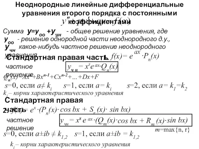 Неоднородные линейные дифференциальные уравнения второго порядка с постоянными коэффициентами Сумма у=yоо +учн