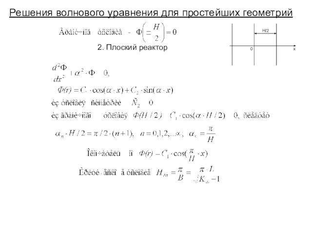 Решения волнового уравнения для простейших геометрий 2. Плоский реактор 0 x H/2