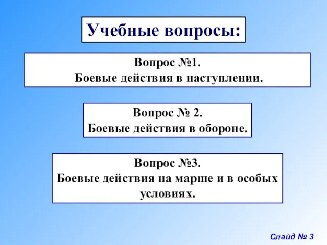 Слайд № 3 Учебные вопросы: Вопрос №1. Боевые действия в наступлении. Вопрос