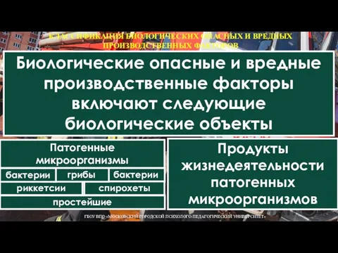 КЛАССИФИКАЦИЯ БИОЛОГИЧЕСКИХ ОПАСНЫХ И ВРЕДНЫХ ПРОИЗВОДСТВЕННЫХ ФАКТОРОВ ГБОУ ВПО «МОСКОВСКИЙ ГОРОДСКОЙ ПСИХОЛОГО-ПЕДАГОГИЧЕСКИЙ