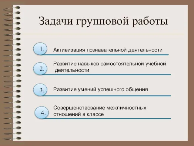 Задачи групповой работы 1. Активизация познавательной деятельности 2. 4. 3. Развитие навыков