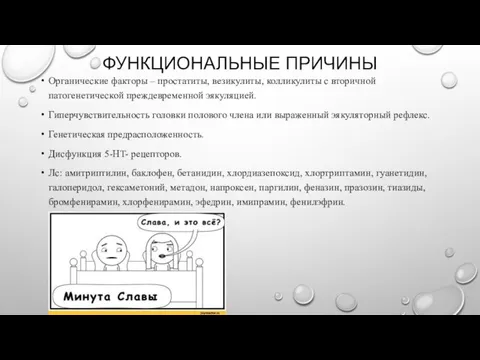 ФУНКЦИОНАЛЬНЫЕ ПРИЧИНЫ Органические факторы – простатиты, везикулиты, колликулиты с вторичной патогенетической преждевременной