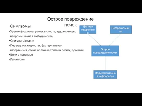 Симптомы: Уремия (тошнота, рвота, вялость, зуд, экхимозы, нейромышечная возбудимость) Олигурия/анурия Перегрузка жидкостью