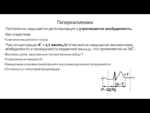 Гиперкалиемия Постепенно нарушается реполяризация и утрачивается возбудимость. Как следствие: Снижение мышечного тонуса