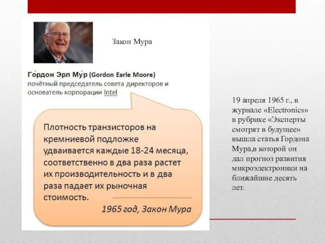 Эволюция вычислительной техники Закон Мура 19 апреля 1965 г., в журнале «Electronics»