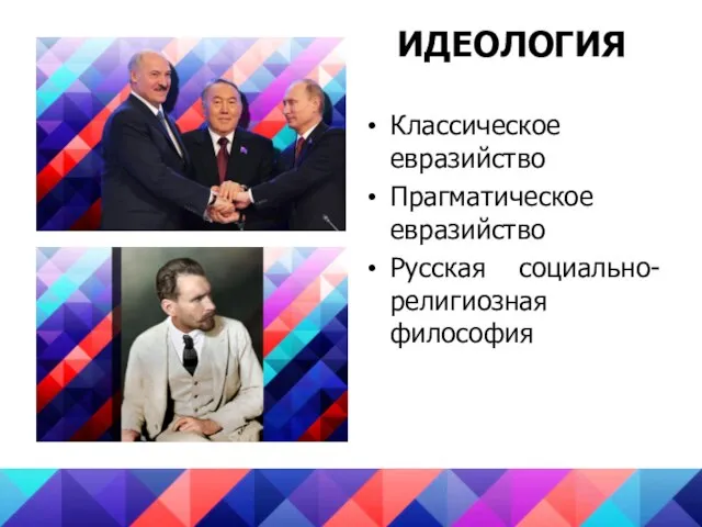 ИДЕОЛОГИЯ Классическое евразийство Прагматическое евразийство Русская социально-религиозная философия