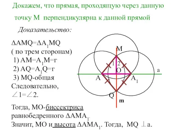 а М A A1 Q m Доказательство: ΔAМQ=ΔА1MQ ( по трем сторонам)