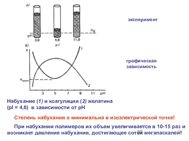 Степень набухания α минимальна в изоэлектрической точке! Набухание (1) и коагуляция (2)