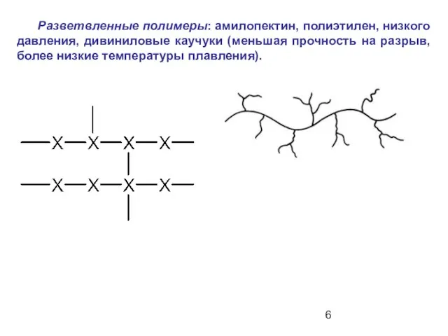 Разветвленные полимеры: амилопектин, полиэтилен, низкого давления, дивиниловые каучуки (меньшая прочность на разрыв, более низкие температуры плавления).