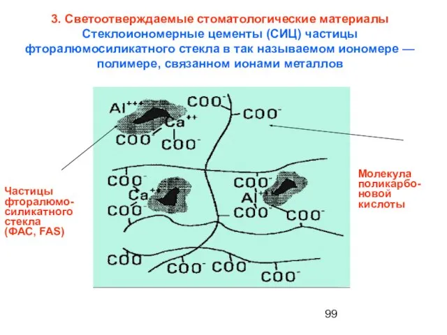 Частицы фторалюмо-силикатного стекла (ФАС, FAS) Молекула поликарбо-новой кислоты 3. Cветоотверждаемые стоматологические материалы