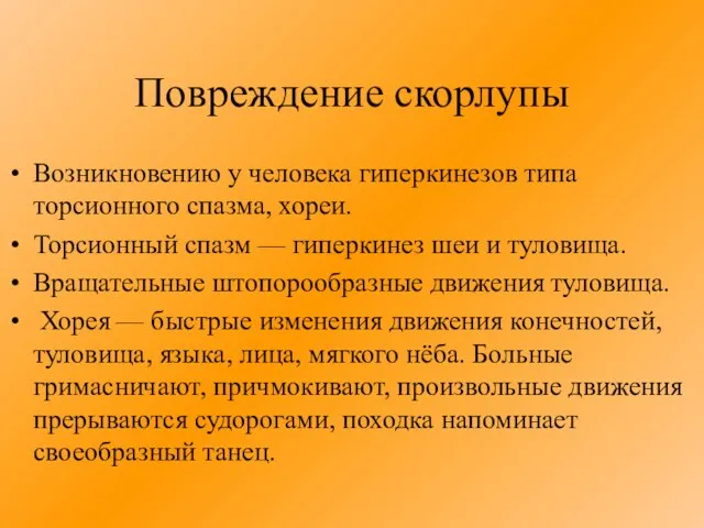 Повреждение скорлупы Возникновению у человека гиперкинезов типа торсионного спазма, хореи. Торсионный спазм