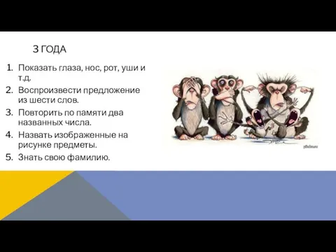 Показать глаза, нос, рот, уши и т.д. Воспроизвести предложение из шести слов.